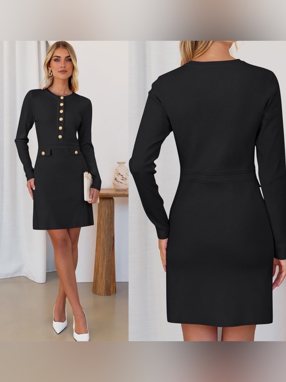 Merokeety NWT Women's Black Knit Gold Buttons Midi Dress Size S Classic OldMoney